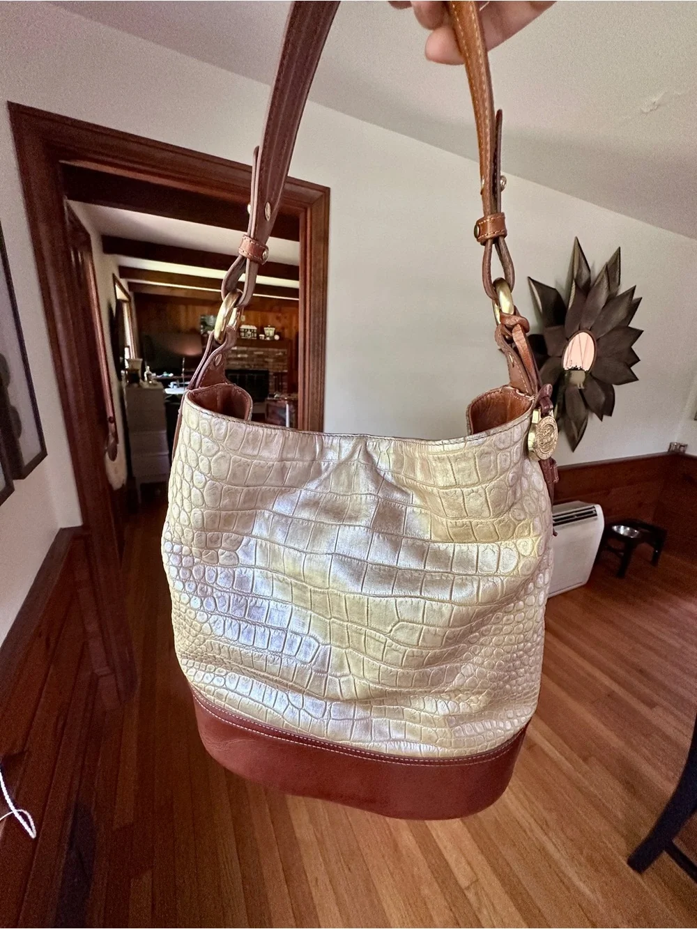 Vintage Brahmin Metallic Croc-Embossed Hobo Bag in Light Gold & Brown Leather